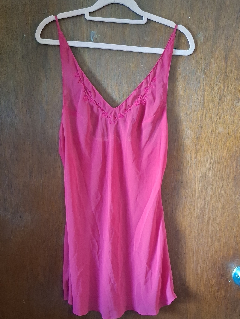 Victoria's Secret Vintage Hot Pink Satin Slip Chemise 90s Embroidery Nighty sz S